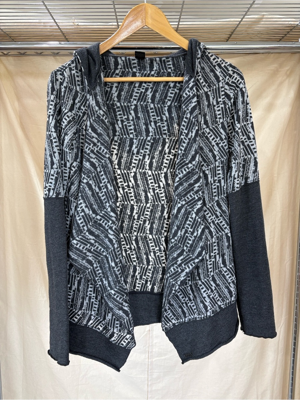 Prana Charcoal and Light Gray Patterned Hooded Cardigan